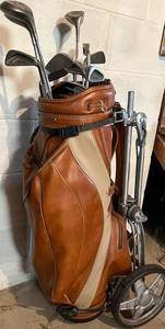 LL - Vintage Spalding 1200GE Golf Clubs in Leather Carry Bag with Cart Carrier