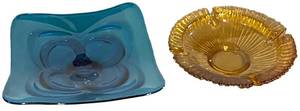 LL - Vintage Blue Glass Dish & Amber Glass Ashtray 9in Diameter (Lot of 2)