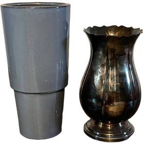 LL - Blue Glazed Ceramic Vase & Smoky Glass Vase