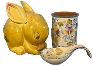 LL - Crate & Barrel Bunny Cookie Jar with Floral Utensil Holders (3-Piece Set) - Made in Italy