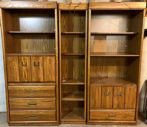 LL - Vintage Three-Piece Oak Wood Entertainment Center Shelving Set - Side Units