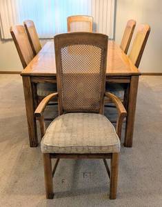 DR - Vintage Burlington Furniture Vintage Dining Room Set - with 2 Leaves & 6 Cane-Back Chairs