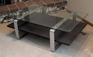 LR - Glass-Top Coffee Table With Aluminum Frame & Wood Lower Shelf