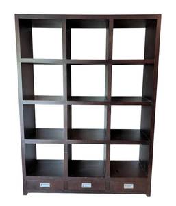 LR - Wood Bookshelf with Grid Cubby Shelves and 3 Drawers