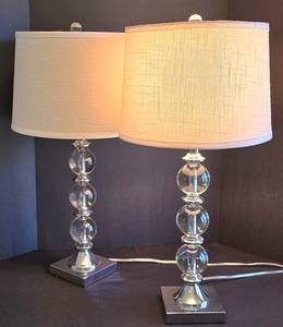 K - Pair of Stylish Stacked Glass Orb Columns Table Lamps