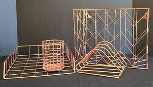 K - Copper Wire Office Desk Organizer Set - Tray, Hanging File Rack, Pen Cup & Letter File (Lot of 4)