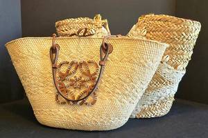 K - OndadeMar Handbags (Lot of 2) - Shell Lace Bead-Embellished Straw Totes Leather Handles