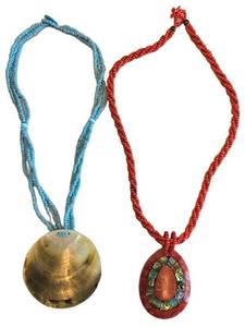 K - Coral Bead Necklace with Abalone Pendant - Blue Seed Bead Necklace with Capiz Pendant (Lot of 2)