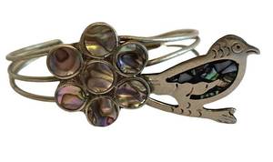 K - Mexican Silver Abalone Bracelet & Bird Motif Brooch - Floral Face