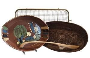 K - Minnesota Handcrafted Terra Cotta Dish, Gold Tone Tray, Woven Basket & Bread Knife (Lot of 4)