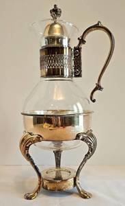 K - Vintage Silver Plated Coffee Carafe on Footed Warmer Stand with Glass Decanter