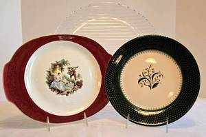 K - Salem 9.25in Plate (23K Gold) & Sebring Serenade Burgundy Platter (22K Gold) & 13.5in Glass Platter