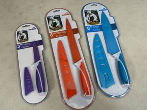 3 New Ceramic Coated Kitchen Knives with Sleeves