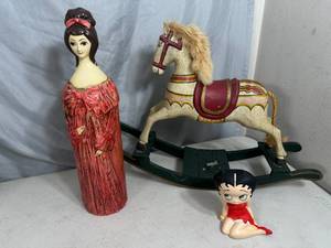 Vintage Hair Spray Cover, Wooden Rocking Horse, Betty Boop