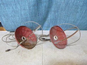 2 Vintage Red Metal Cage Barn Lights