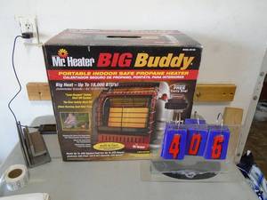 Mr Heater big buddy heater. As shown. CASH ON SITE ONLY. PICKUP IS MONDAY MAY 11TH FROM 11 AM TO 4 PM. REGARDLESS WHAT THE SCHEDULE STATES.