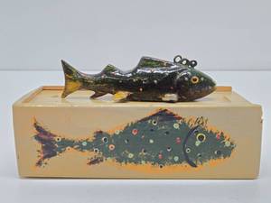 Hand Carved &amp Painted Fish Spearing Decoy wOriginal Wood Box - Signed R. Schwartz