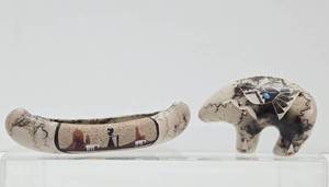 2 Vintage Native American Carved &amp Decorated Items - Canoe &amp Bear