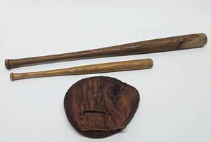 Early Old Catchers Glove &amp 2 1930s era Mini Baseball Bats - Including Minneapolis Millers