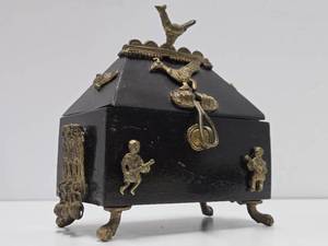 Vintage Wooden Dhokra Box wBrass Decoration &amp Hinged Lid