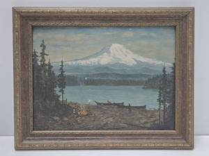 Antique Early 1900s Oil on Board Landscape Painting wNative American Figures &amp Canoes - Signed A.K. Berger&nbsp