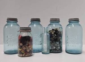Estate Lot of LARGE Antique Blue Canning Jars Old Embossed Bottle