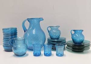 Large Group of Vintage Swirled Blue Glassware