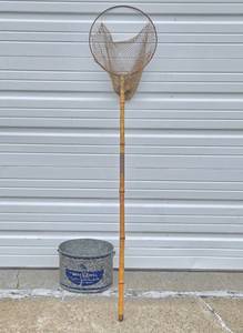 Old Vintage Primitive Fishing Net &amp Minnow Bucket
