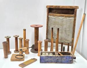 Group of Antique Primitive Wood Spools &amp other Items