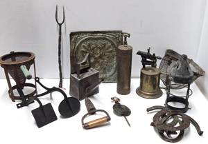 Group of Primitive Antique Metalware - Including Brass Blowtorch
