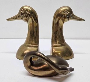 Mid Century Duck Head Bookend Set Plus Brass Goose Statue