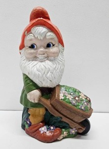 16.5 Heavy Garden Gnome wWheelbarrow Full of Flowers Statue&nbsp