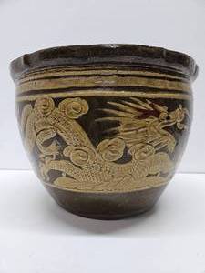 Large Signed Vintage Chinese Stoneware Planter wDragon #1