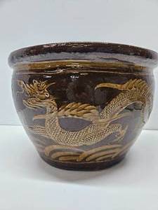 Large Signed Vintage Chinese Stoneware Planter wDragon #2
