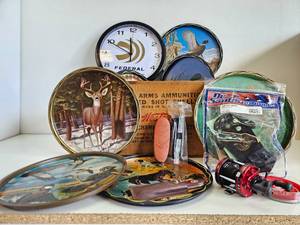 Group of Hunting, Fishing &amp Sporting Items including Old Western Advertising Ammo Crate