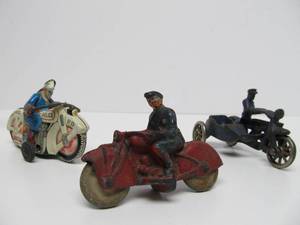 3 Old Vintage Police Motorcycle Toys 1930s-50s