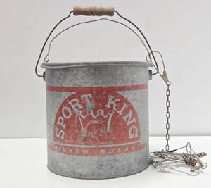 Old Vintage SPORT KING Galvanized Metal Fishing Minnow Bucket