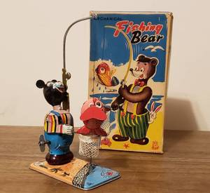 Vintage 1950s Tin Toy Mechanical Fishing Bear wOriginal Box