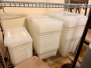 Large Lot of Small to Midsize Clear Plastic Totes wLids