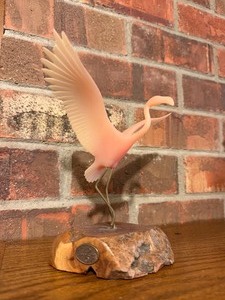 Signed JOHN PERRY Flamingo Sculpture on Burled Wood Base
