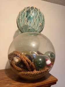 Nautical Decor Lot - Large Glass Bowl Full of Items &amp Glass Fishing Float