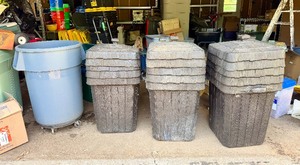3 Large Plastic Trash Cans wLids &amp Rubbermaid Can wRoller Attachment