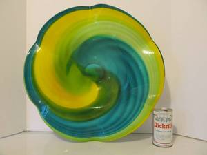 LARGE BlueYellow Swirled Art Glass Centerpiece Bowl&nbsp