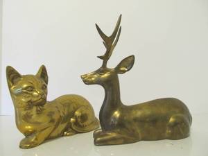 Solid Brass Vintage Cat &amp Deer Statues