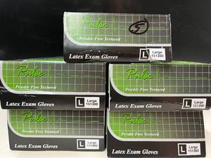 Lot of 5 boxes Pulse Latex Exam Gloves, 500 total gloves, Size Large. Ambidextrous with beaded cuffs for strength and easy removal. High-quality protection for medical, cleaning, or food prep use.