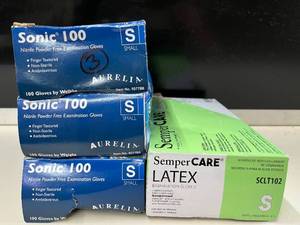 Lot of 4 Boxes of Exam Gloves  Aurelia & SemperCare  400 Gloves  Size Small. Durable, powder-free nitrile and latex with textured fingertips for superior grip and dexterity. Ambidextrous, non-sterile, and perfect for high-precision tasks.