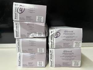 Lot of 6 Braval Gloves (4 Latex PF, 2 Nitrile PF). Total of 1,000 gloves in Medium & Large. High-quality, textured, powder-free exam gloves for medical or dental use. Beaded cuffs & ambidextrous fit for maximum comfort.