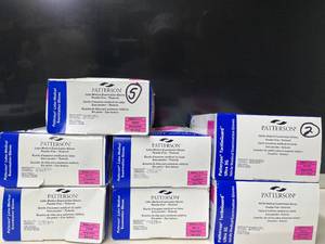 Lot of 7 boxes Patterson Medical Gloves (5 Latex, 2 Nitrile). Total 1,100 gloves, Size Small. Powder-free, textured for grip, and clinical grade for superior protection and tactile sensitivity.
