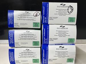 Lot of 6 Boxes of Patterson Gloves. 1,200 total gloves. Size Medium. Professional grade mix 3 boxes Nitrile for latex-free protection & 3 boxes Aloe-infused Latex to soothe skin. Both feature textured grip for precision. Reliable medical protection.