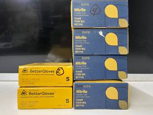 Lot of 6 boxes of gloves, BeeSure & BetterGloves, 600 total gloves, Size Small. Powder-free nitrile with textured grip for precision. Features biodegradable technology. Durable, latex-free barrier for clinical, laboratory, or daily home tasks.